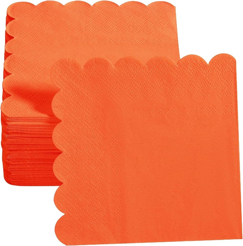BEFORYOU 100 Pack Cocktail Napkin 2-Ply Scalloped Edged Dessert Napkins Folded 5 x 5 Inches Disposable Napkins for Dinner Wedding Birthday Party Bridal Anniversary Reception Event (Orange) - Image 4